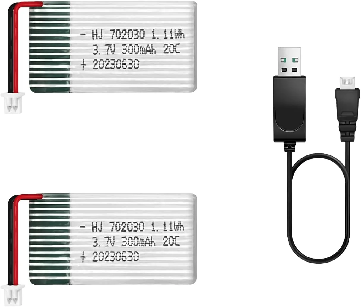 باتری لیتیوم پلیمری قابل شارژ 3.7 ولت 300 میلی آمپر ساعت برای هواپیما، هلیکوپتر، پهپاد و اسباب بازی های RC (کانکتور PH1.25) - 2 عدد