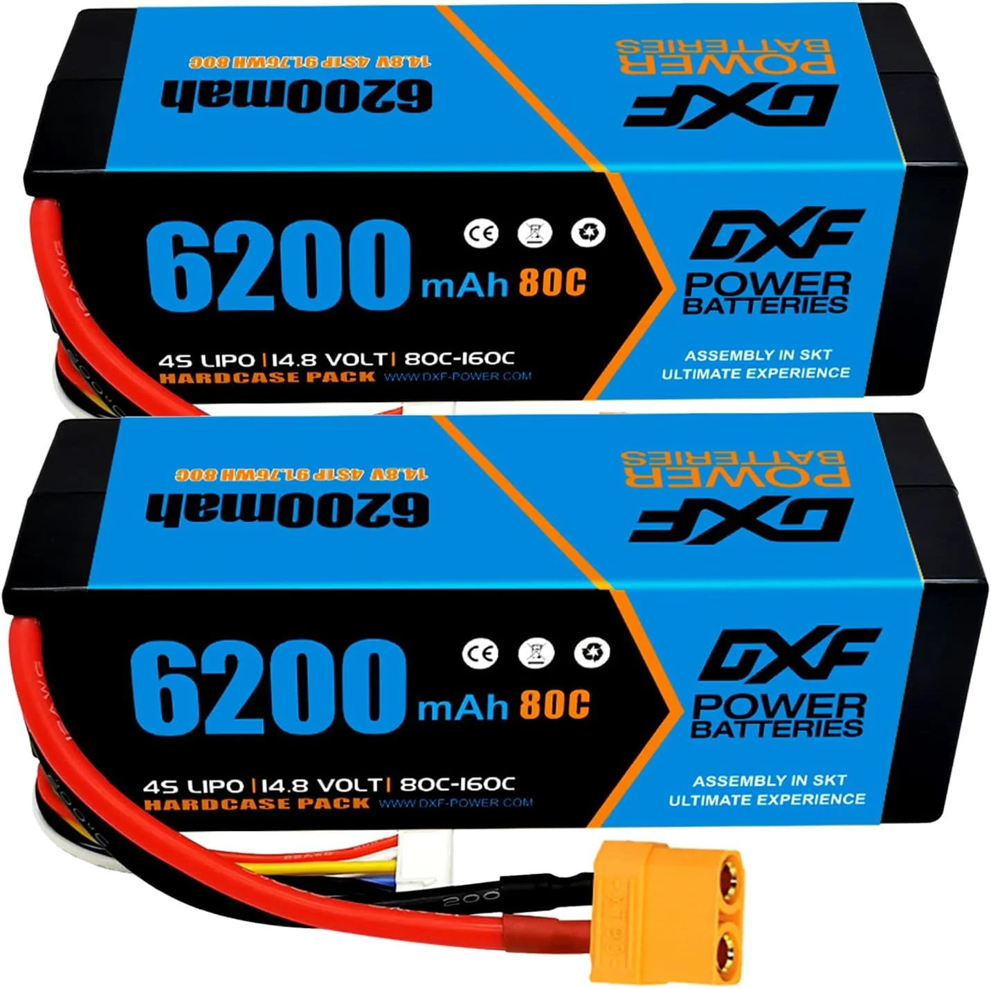 باطری لیپو 4S دی ایکس اف XT90، ۱۴.۸ ولت، ۸۰C، ۶۲۰۰ میلی آمپر ساعت، باطری سخت با پلاگ XT90 برای وسایل نقلیه RC، ماشین های RC یک هشتم و یک دهم، باگی، تراگی، هواپیمای RC، پهپاد UAV و FPV (دو عدد)