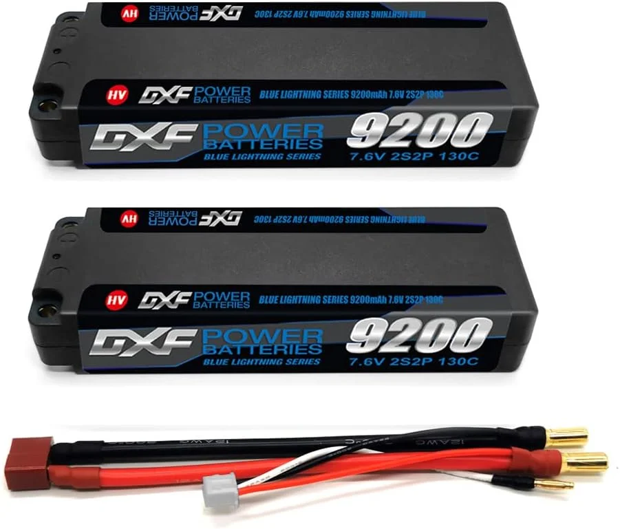 باطری لیپو DXF 2S با ولتاژ 7.6 ولت و ظرفیت 9200 میلی آمپر و نرخ تخلیه 130C، دارای بدنه سخت و کانکتور 5.0mm Bullet به Deans T Plug مناسب برای ماشین های آرسی 1/8 و 1/10، باگی، تراگی، هواپیما، پهپاد و FPV