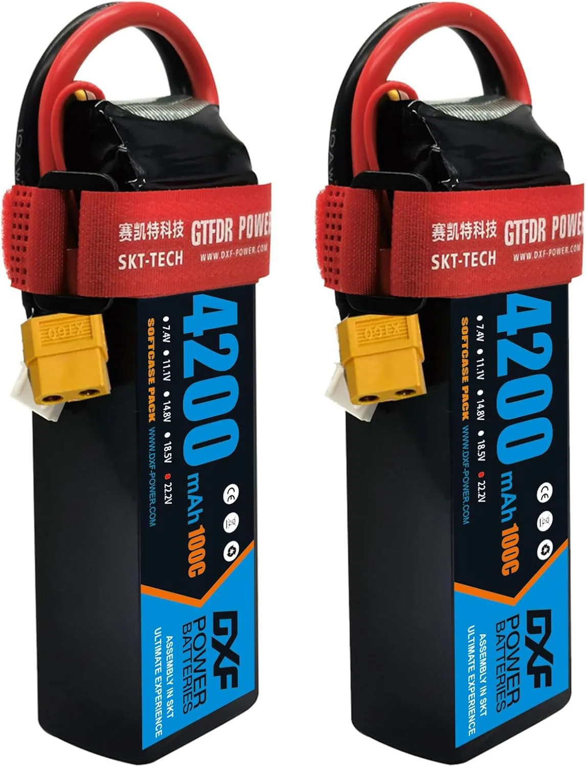 بسته دو عددی باتری لیپو 6S 22.2 ولت 4200 میلی آمپر ساعت 100C گرافن DXF با کانکتور XT60 برای هواپیماهای کنترلی، هلیکوپترهای کنترلی، کوادکوپترهای کنترلی، ماشین های کنترلی، کامیون های کنترلی و مدل قایق