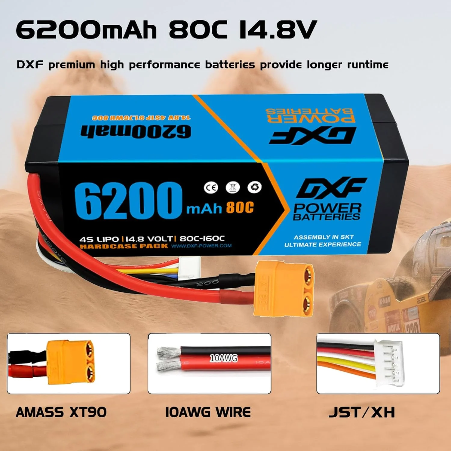 باطری لیپو 4S دی ایکس اف XT90، ۱۴.۸ ولت، ۸۰C، ۶۲۰۰ میلی آمپر ساعت، باطری سخت با پلاگ XT90 برای وسایل نقلیه RC، ماشین های RC یک هشتم و یک دهم، باگی، تراگی، هواپیمای RC، پهپاد UAV و FPV (دو عدد) باطری لیپو 4S دی ایکس اف XT90، ۱۴.۸ ولت، ۸۰C، ۶۲۰۰ میلی آمپر ساعت، باطری سخت با پلاگ XT90 برای وسایل نقلیه RC، ماشین های RC یک هشتم و یک دهم، باگی، تراگی، هواپیمای RC، پهپاد UAV و FPV (دو عدد)