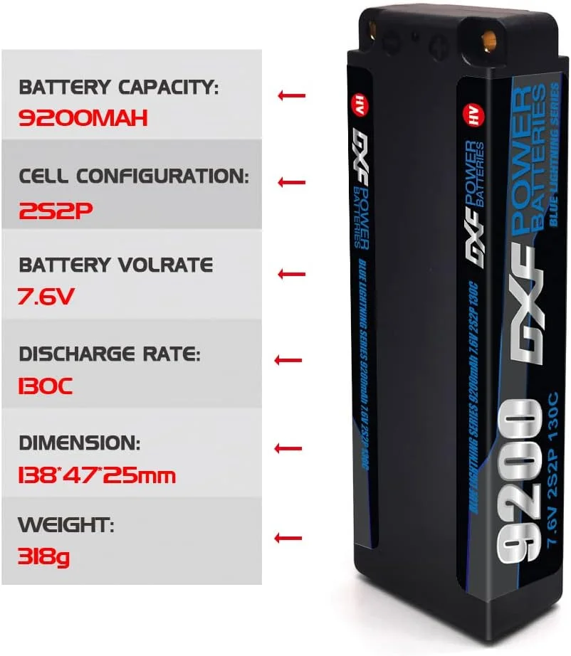باطری لیپو DXF 2S با ولتاژ 7.6 ولت و ظرفیت 9200 میلی آمپر و نرخ تخلیه 130C، دارای بدنه سخت و کانکتور 5.0mm Bullet به Deans T Plug مناسب برای ماشین های آرسی 1/8 و 1/10، باگی، تراگی، هواپیما، پهپاد و FPV