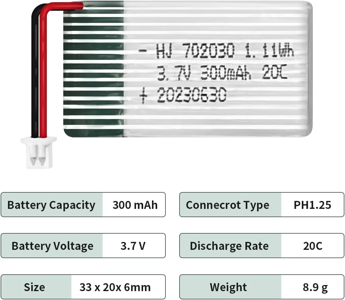 باتری لیتیوم پلیمری قابل شارژ 3.7 ولت 300 میلی آمپر ساعت برای هواپیما، هلیکوپتر، پهپاد و اسباب بازی های RC (کانکتور PH1.25) - 2 عدد باتری لیتیوم پلیمری قابل شارژ 3.7 ولت 300 میلی آمپر ساعت برای هواپیما، هلیکوپتر، پهپاد و اسباب بازی های RC (کانکتور PH1.25) - 2 عدد
