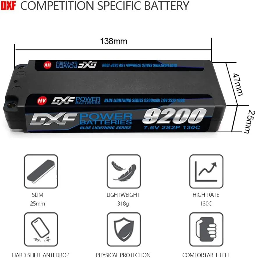 باطری لیپو DXF 2S با ولتاژ 7.6 ولت و ظرفیت 9200 میلی آمپر و نرخ تخلیه 130C، دارای بدنه سخت و کانکتور 5.0mm Bullet به Deans T Plug مناسب برای ماشین های آرسی 1/8 و 1/10، باگی، تراگی، هواپیما، پهپاد و FPV
