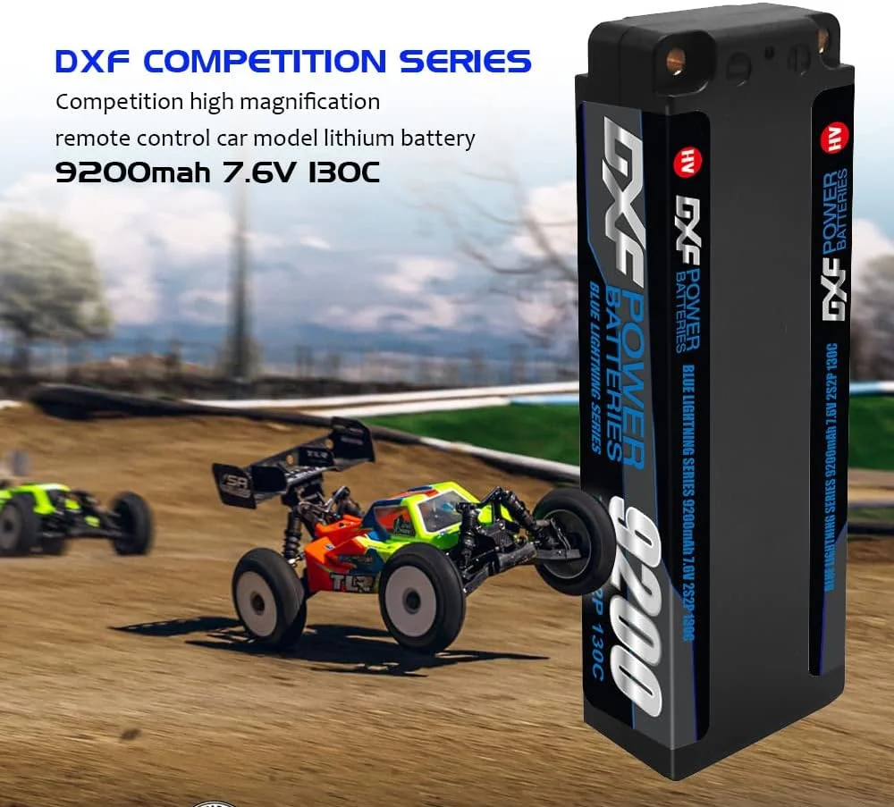 باطری لیپو DXF 2S با ولتاژ 7.6 ولت و ظرفیت 9200 میلی آمپر و نرخ تخلیه 130C، دارای بدنه سخت و کانکتور 5.0mm Bullet به Deans T Plug مناسب برای ماشین های آرسی 1/8 و 1/10، باگی، تراگی، هواپیما، پهپاد و FPV