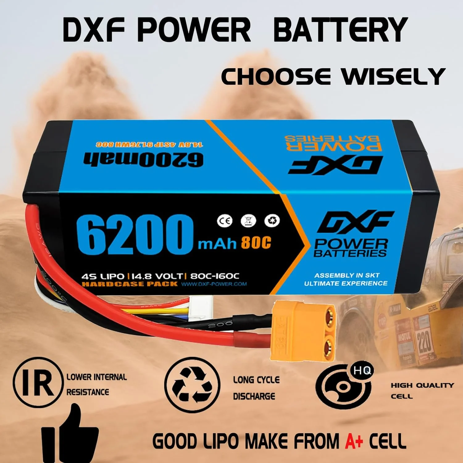 باطری لیپو 4S دی ایکس اف XT90، ۱۴.۸ ولت، ۸۰C، ۶۲۰۰ میلی آمپر ساعت، باطری سخت با پلاگ XT90 برای وسایل نقلیه RC، ماشین های RC یک هشتم و یک دهم، باگی، تراگی، هواپیمای RC، پهپاد UAV و FPV (دو عدد) باطری لیپو 4S دی ایکس اف XT90، ۱۴.۸ ولت، ۸۰C، ۶۲۰۰ میلی آمپر ساعت، باطری سخت با پلاگ XT90 برای وسایل نقلیه RC، ماشین های RC یک هشتم و یک دهم، باگی، تراگی، هواپیمای RC، پهپاد UAV و FPV (دو عدد)