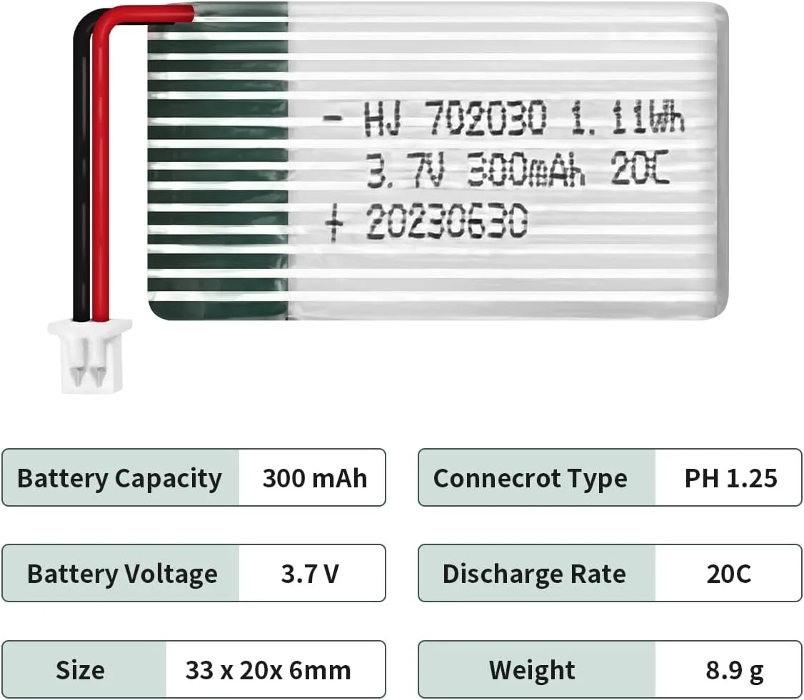 باتری لیتیوم پلیمری قابل شارژ 3.7 ولت 300 میلی آمپر ساعت برای هواپیما، هلیکوپتر، پهپاد و اسباب بازی های RC (کانکتور PH1.25) - 2 عدد باتری لیتیوم پلیمری قابل شارژ 3.7 ولت 300 میلی آمپر ساعت برای هواپیما، هلیکوپتر، پهپاد و اسباب بازی های RC (کانکتور PH1.25) - 2 عدد