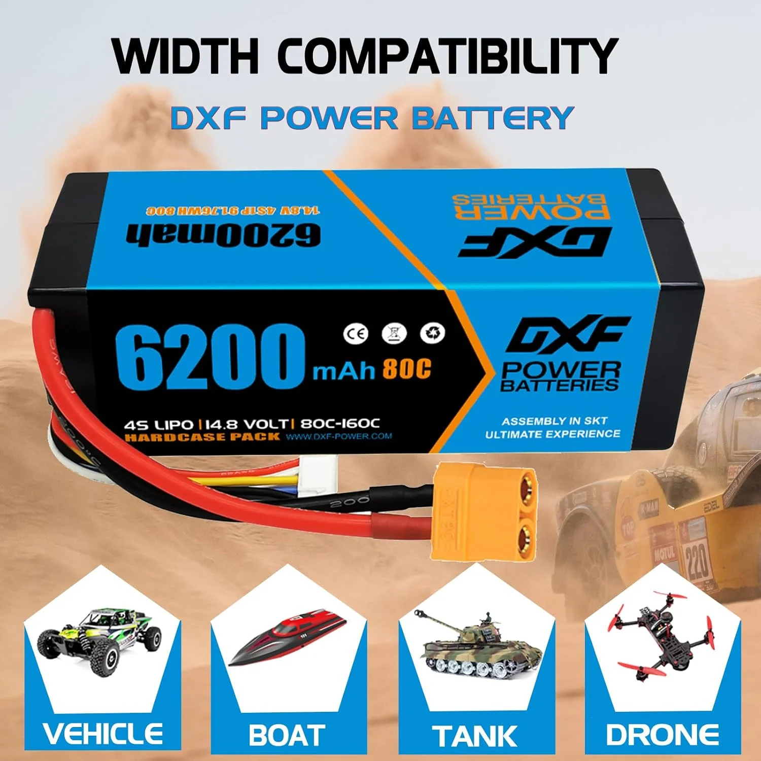 باطری لیپو 4S دی ایکس اف XT90، ۱۴.۸ ولت، ۸۰C، ۶۲۰۰ میلی آمپر ساعت، باطری سخت با پلاگ XT90 برای وسایل نقلیه RC، ماشین های RC یک هشتم و یک دهم، باگی، تراگی، هواپیمای RC، پهپاد UAV و FPV (دو عدد) باطری لیپو 4S دی ایکس اف XT90، ۱۴.۸ ولت، ۸۰C، ۶۲۰۰ میلی آمپر ساعت، باطری سخت با پلاگ XT90 برای وسایل نقلیه RC، ماشین های RC یک هشتم و یک دهم، باگی، تراگی، هواپیمای RC، پهپاد UAV و FPV (دو عدد)