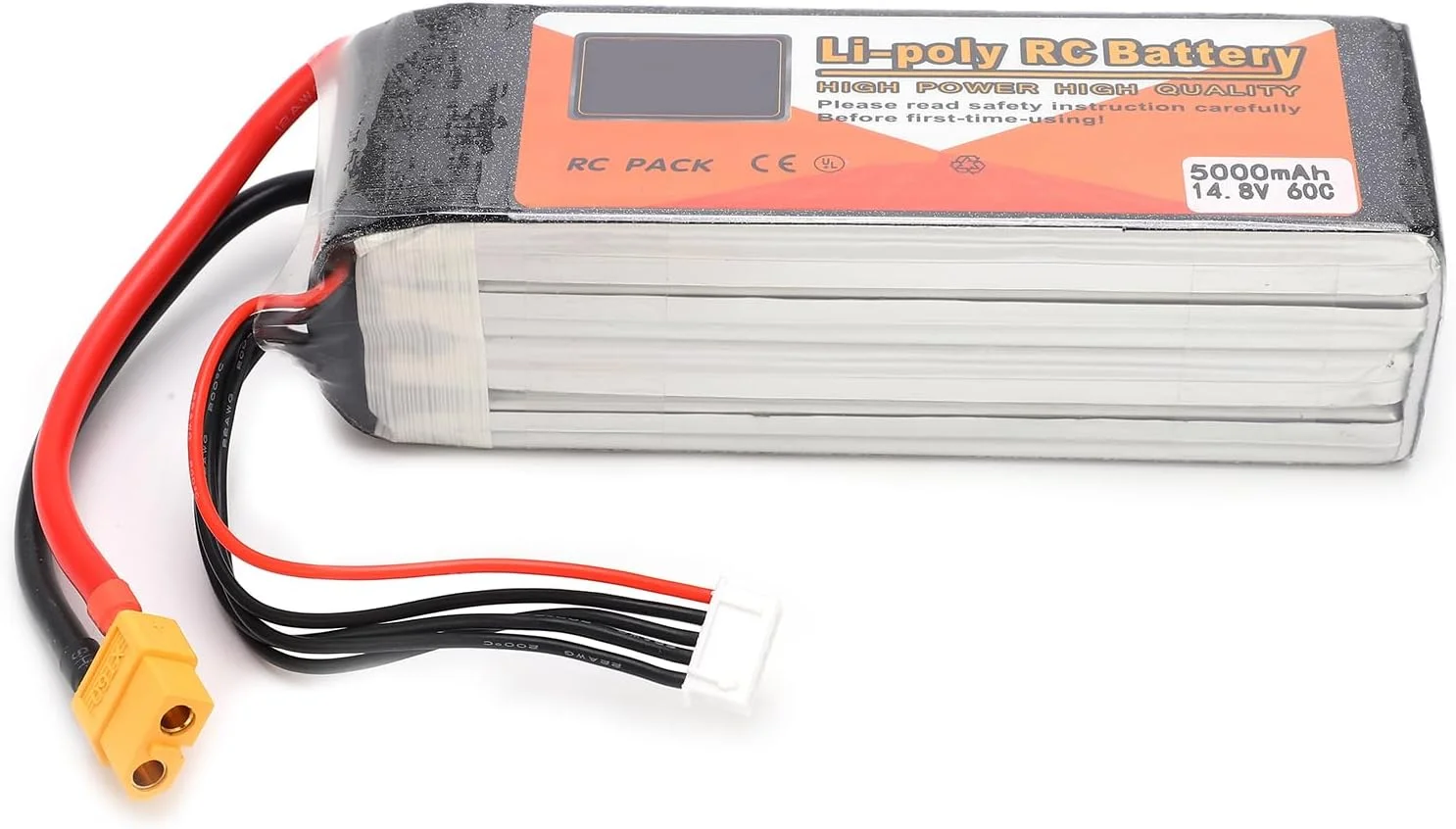باتری لیتیوم پلیمر 14.8 ولت 5000 میلی آمپر ساعت 4 سل با کانکتور مناسب برای مسابقات پهپادهای FPV، کوادکوپترهای RC، هلیکوپتر، هواپیما، قایق و ماشین