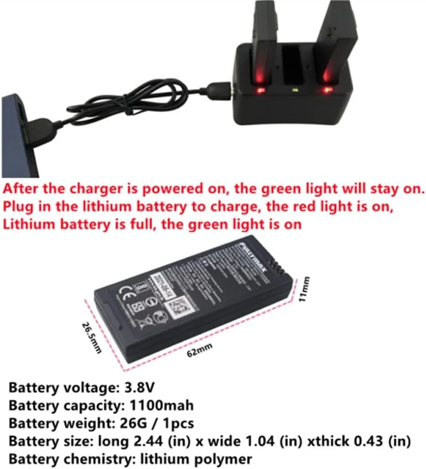 دو عدد باتری لیتیومی 3.8 ولت 1100 میلی آمپر ساعت برای جایگزینی باتری پهپاد مناسب برای روتورهای DJI Tello RC، به همراه شارژر سه در یک