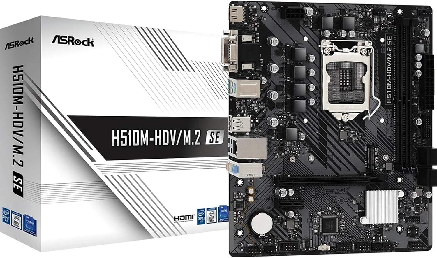 مادربرد ASRock H510M-HDV/M.2 SE DDR4 3200MHz HDMI, DVI-D, D-Sub نسل دهم Intel® Core™ نسل یازدهم Intel® Core™(LGA1200) 128Mb AMI UEFI, BIOS