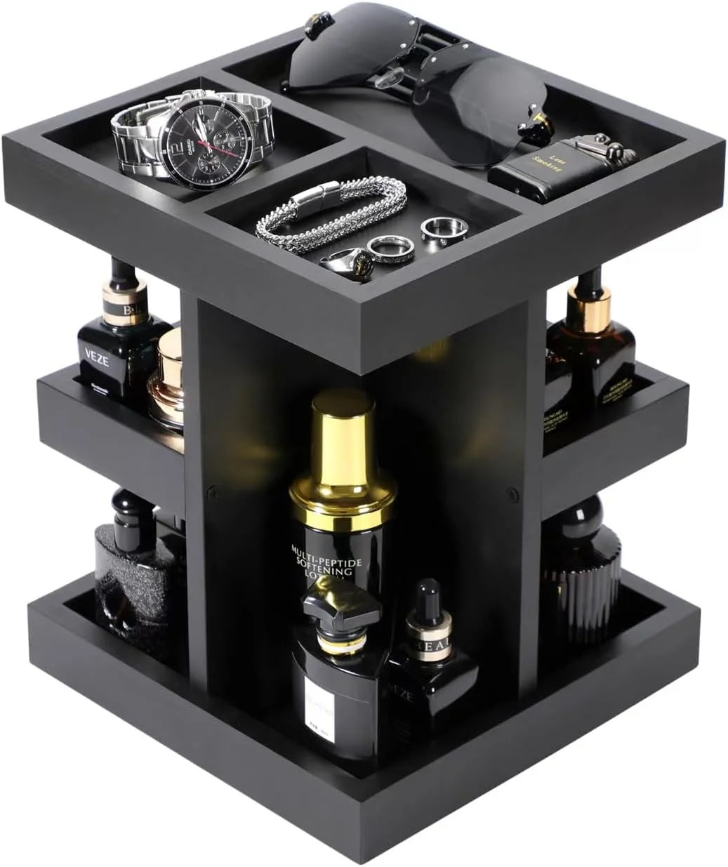 استند عطر و ادکلن مردانه EXIN DECHEN، قفسه چوبی 3 طبقه با ظرفیت بالا و چرخان، نگهدارنده نمایش عطر، سازمان دهنده کنار تخت، هدیه برای مردان (مشکی)