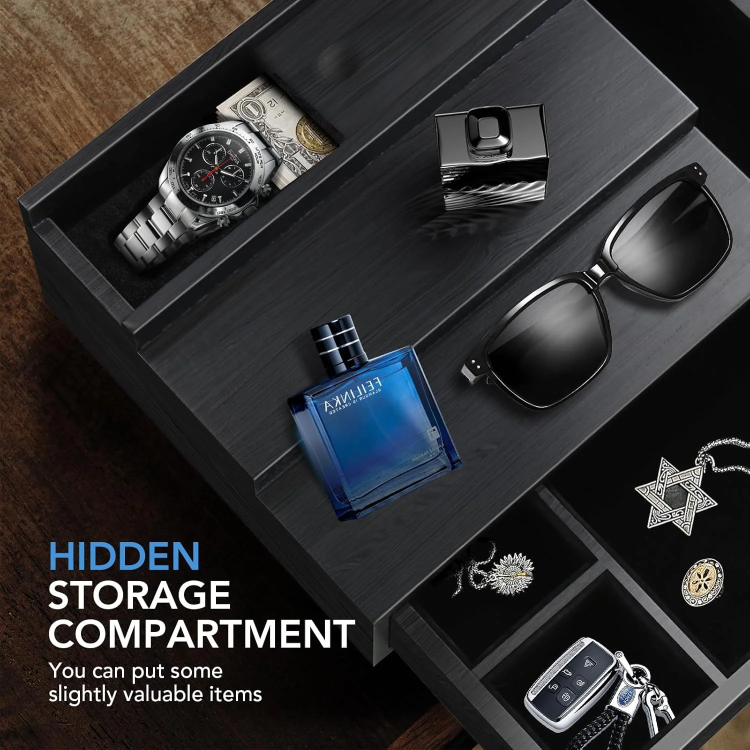 استند و ارگانایزر ادکلن مردانه، قفسه نمایشگر ادکلن 3 طبقه با کشو و محفظه های روکش مخملی برای ساعت، جواهرات، پایه های نمایش عطر، هدیه ای عالی برای پدر