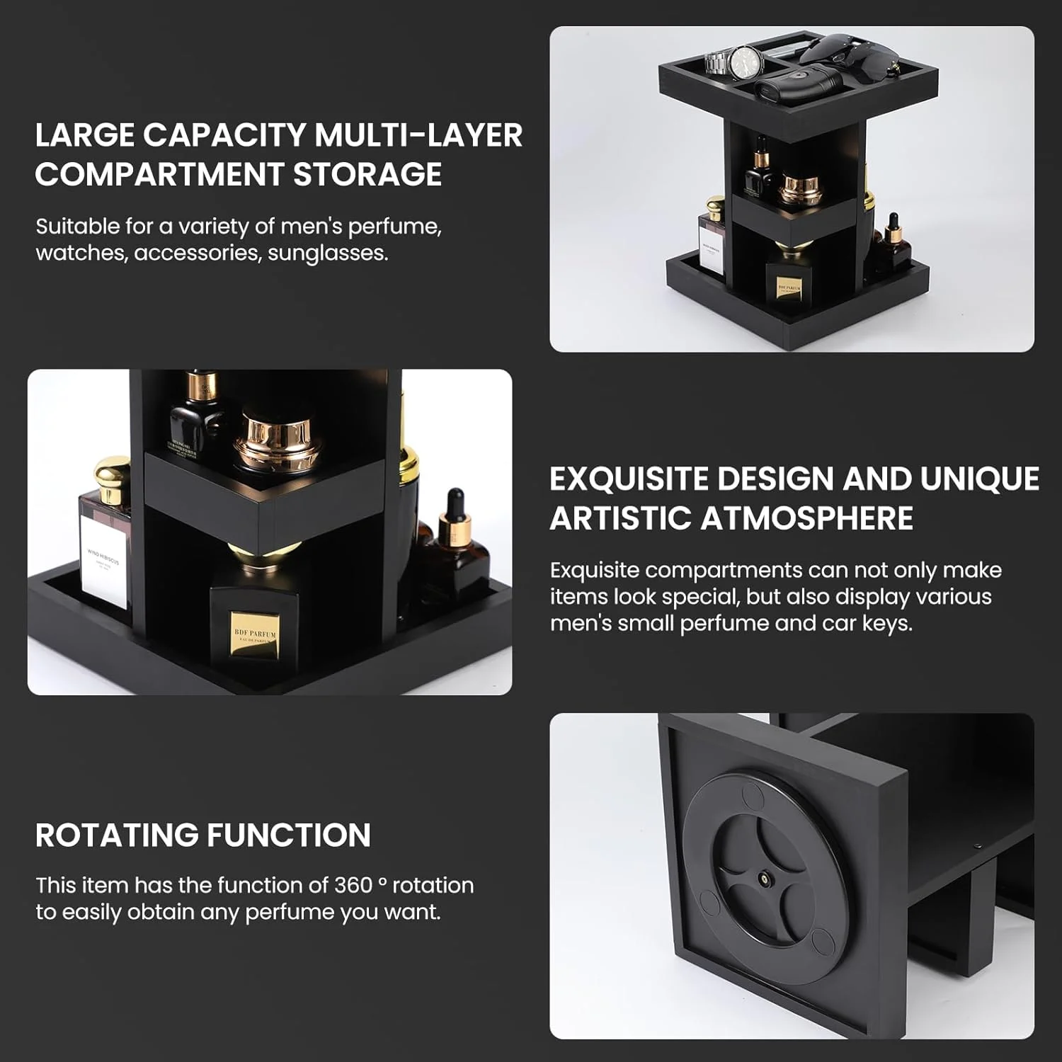 استند عطر و ادکلن مردانه EXIN DECHEN، قفسه چوبی 3 طبقه با ظرفیت بالا و چرخان، نگهدارنده نمایش عطر، سازمان دهنده کنار تخت، هدیه برای مردان (مشکی)