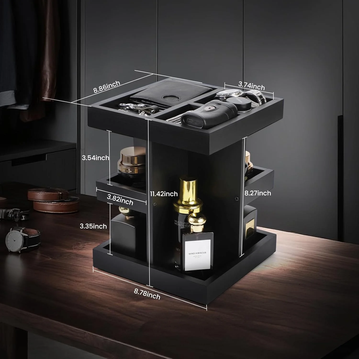 استند عطر و ادکلن مردانه EXIN DECHEN، قفسه چوبی 3 طبقه با ظرفیت بالا و چرخان، نگهدارنده نمایش عطر، سازمان دهنده کنار تخت، هدیه برای مردان (مشکی)