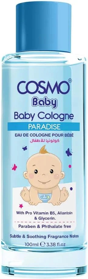 ادکلن کودک Cosmo مدل Paradise حجم 100 میلی لیتر، ادوکلن ملایم و با طراوت، غنی شده با پرو ویتامین B5 و گلیسیرین، ماندگاری طولانی، مناسب برای پوست لطیف کودک شما، فاقد پارابن و فتالات