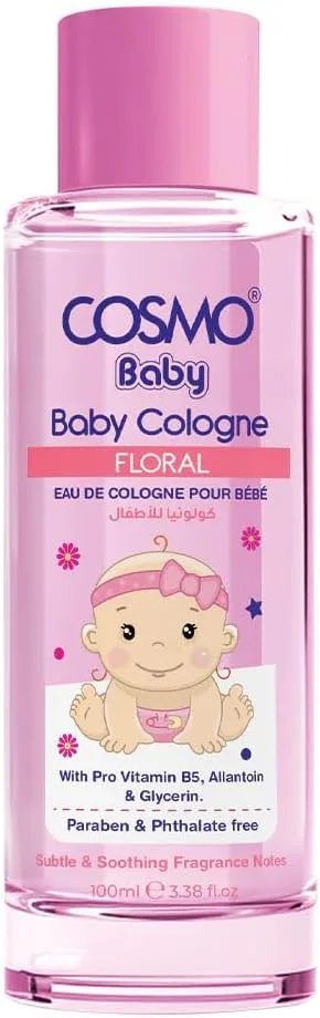 ادکلن کودکانه Cosmo با رایحه گل، 100 میلی لیتر، غنی شده با پرو ویتامین B5 و گلیسیرین، ماندگاری طولانی، رایحه ای عالی برای پوست لطیف کودک شما، طراوت در تمام طول روز، فاقد پارابن و فتالات