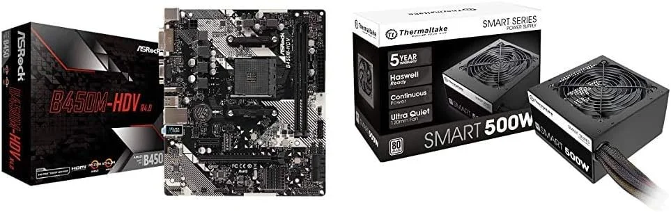 مادربرد ASRock B450M-HDV R4.0 AM4 AMD Promontory B450 SATA 6Gb/s Micro ATX AMD و منبع تغذیه Thermaltake Smart 500W 80+ White Certified PSU، توان پیوسته با فن خنک کننده فوق العاده بی صدا 120 میلی متری