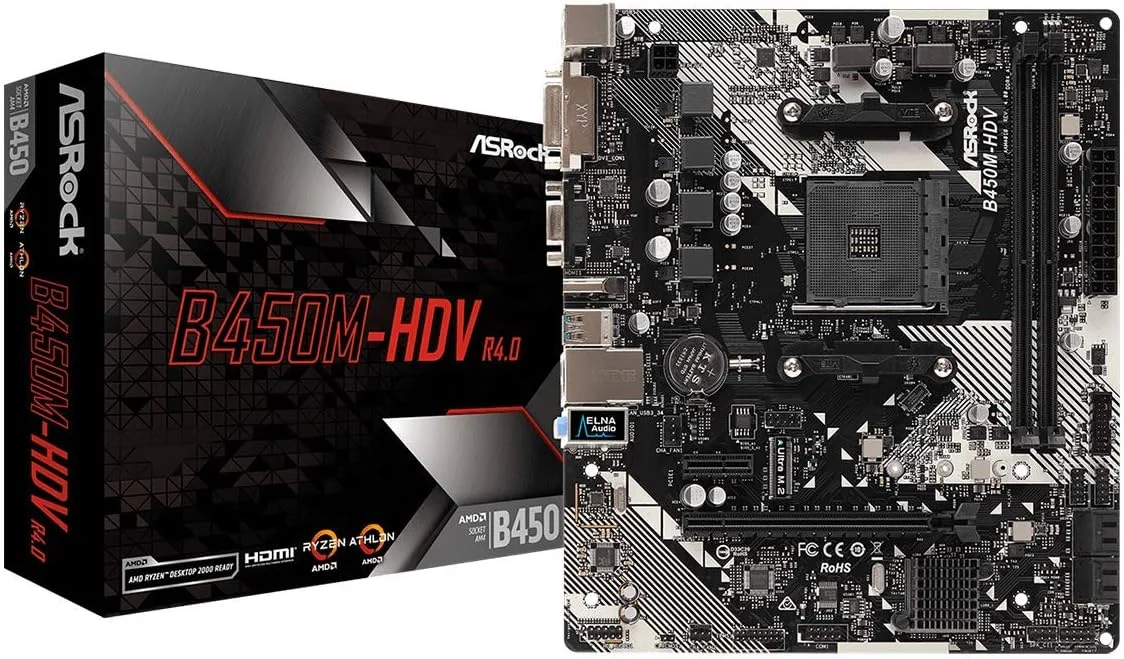 مادربرد ASRock B450M-HDV R4.0 AM4 AMD Promontory B450 SATA 6Gb/s Micro ATX AMD و منبع تغذیه Thermaltake Smart 500W 80+ White Certified PSU، توان پیوسته با فن خنک کننده فوق العاده بی صدا 120 میلی متری