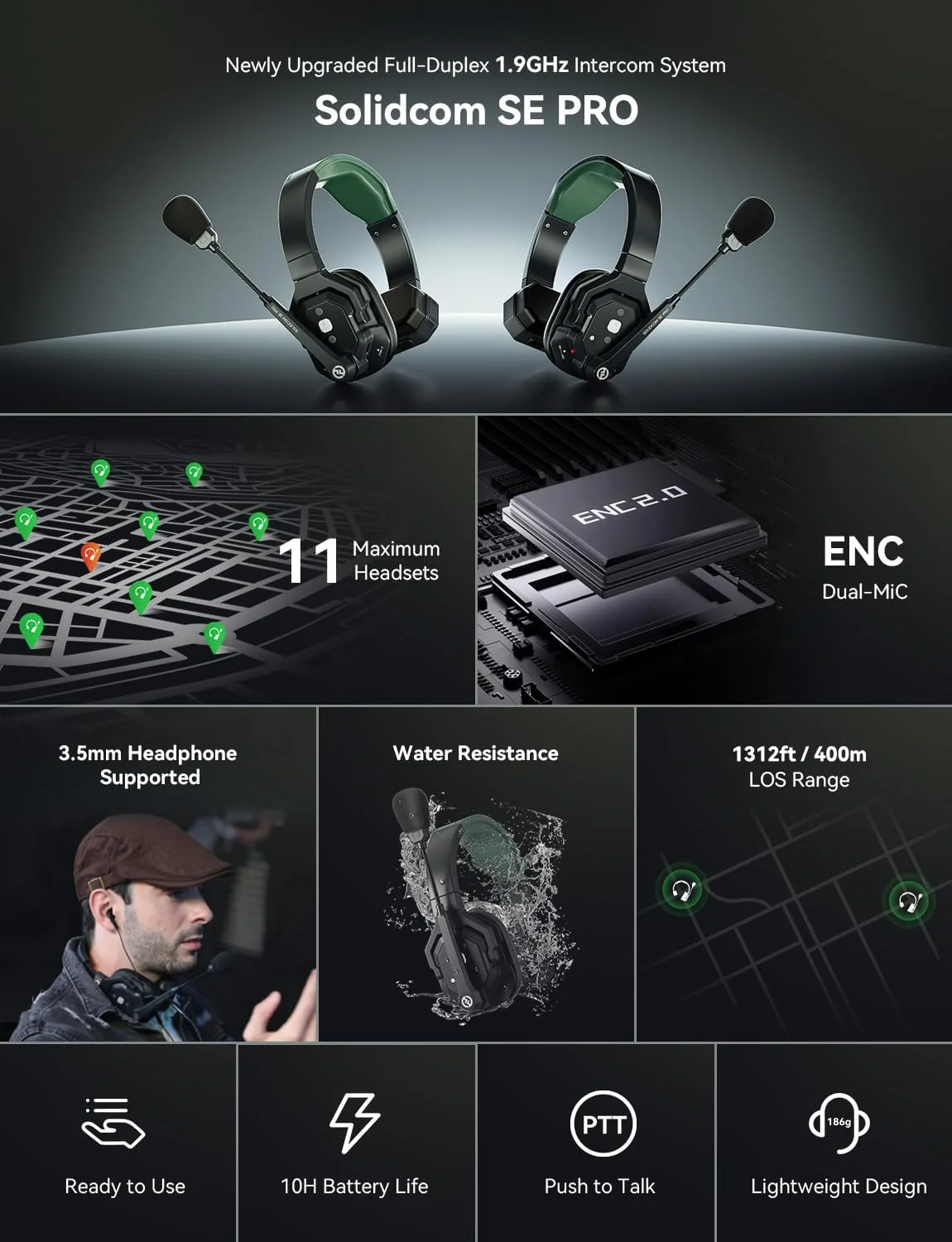 سیستم هدست اینترکام بی سیم Hollyland Solidcom SE PRO با قابلیت حذف نویز ENC برای 5 کاربر، برد 400 متری، ارتباط تیمی با هدست تک گوش 3.5 میلی متری برای فیلمبرداری و اجرای زنده (نسخه 1.9 گیگاهرتز)