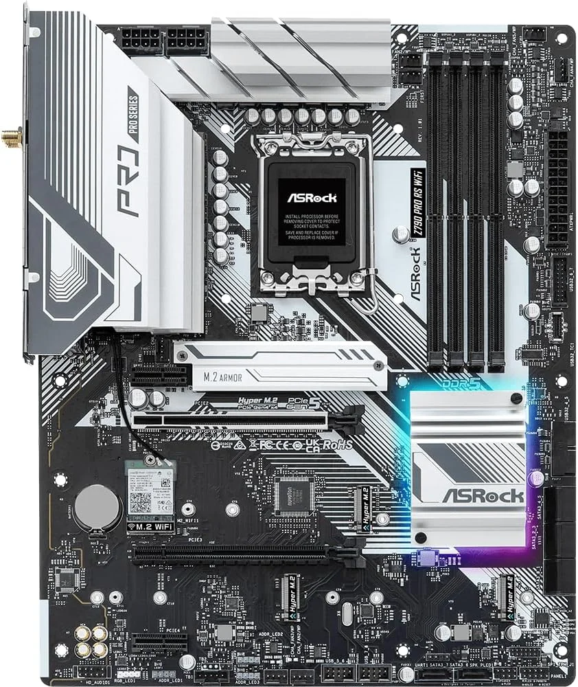 مادربرد ASRock Z790 Pro RS WiFi LGA1700 ATX، پشتیبانی از پردازنده‌های نسل 14/13/12 اینتل Core، DDR5 7200+ (OC)، PCIe 5.0، LAN 2.5G، WiFi 6E، فاز قدرت 1+1+14، 4 اسلات M.2