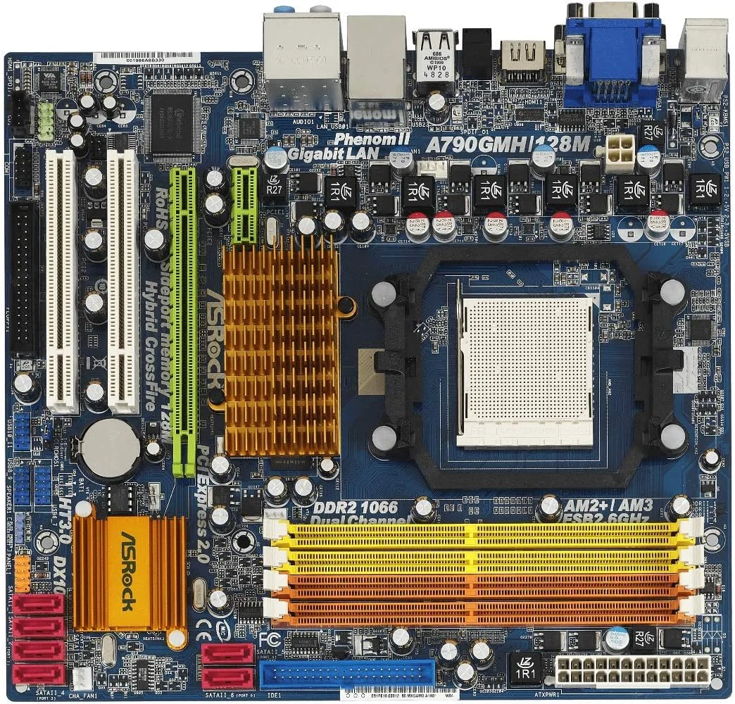 مادربرد ASRock A790GMH/128M/Socket AM2+/AMD 790GX/4DDR2-1066(AM2+)/128M SidePort/NVIDIA Hybrid SLI/H/MATX