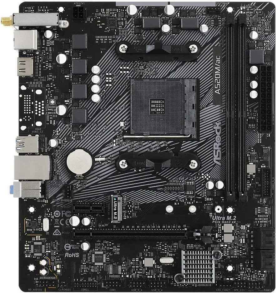 مادربرد ASRock A520M/AC Micro ATX با پشتیبانی از پردازنده‌های AMD AM4 Socket Ryzen™ سری 3000، 4000 G-Series، 5000 و 5000 G-Series