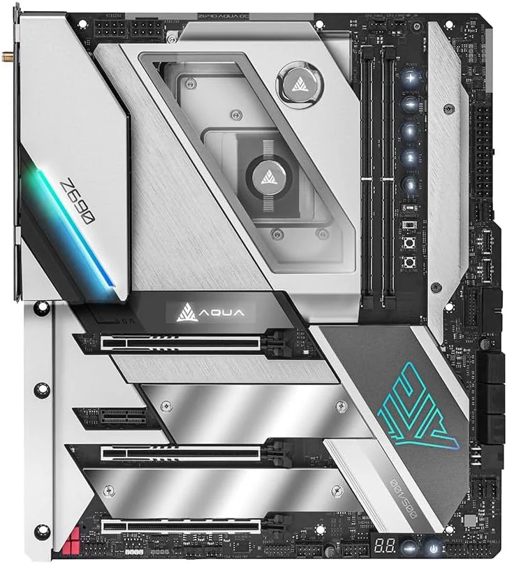 مادربرد ASRock Z690 Aqua LGA1700، هشت پورت SATA3، DDR5 دو کاناله 6400+ (OC) مگاهرتز، 192 گیگابایت، EATX، PCB مسی 2oz، PCB دوازده لایه، SATA3 6.0 گیگابیت بر ثانیه، تاندربولت، WiFi 6E، LAN 2.5G، PCIe 5.0 M.2، Marvell 10G LAN