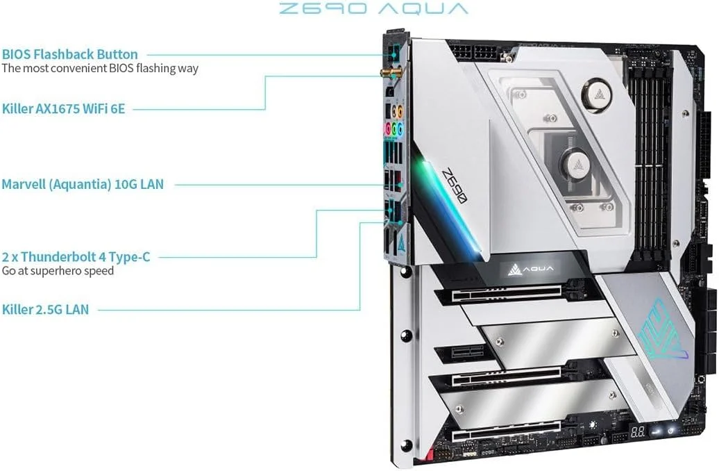 مادربرد ASRock Z690 Aqua LGA1700، هشت پورت SATA3، DDR5 دو کاناله 6400+ (OC) مگاهرتز، 192 گیگابایت، EATX، PCB مسی 2oz، PCB دوازده لایه، SATA3 6.0 گیگابیت بر ثانیه، تاندربولت، WiFi 6E، LAN 2.5G، PCIe 5.0 M.2، Marvell 10G LAN