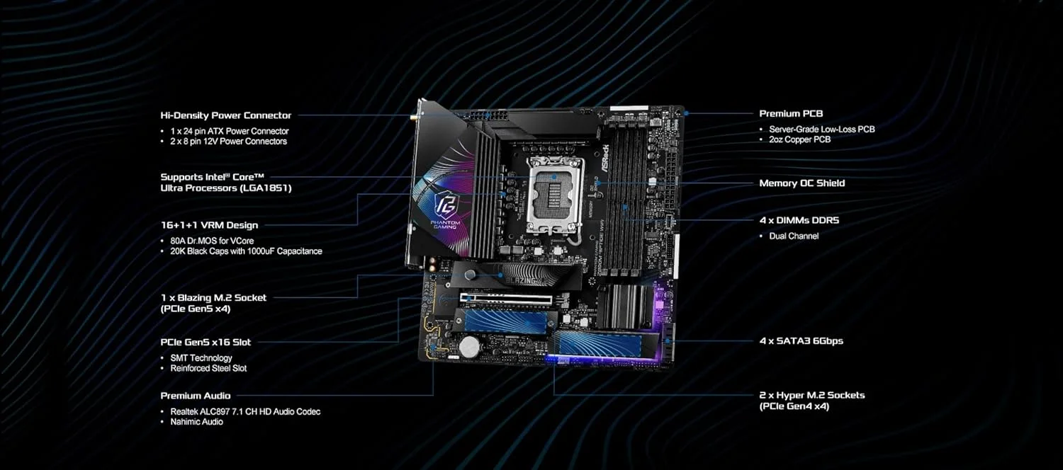 مادربرد ASRock Z890M Riptide WiFi 6E Phantom Gaming Intel Core Ultra Z890 LGA1851 RL-ILM DDR5 9066 MHz 256 GB M.2 Micro ATX