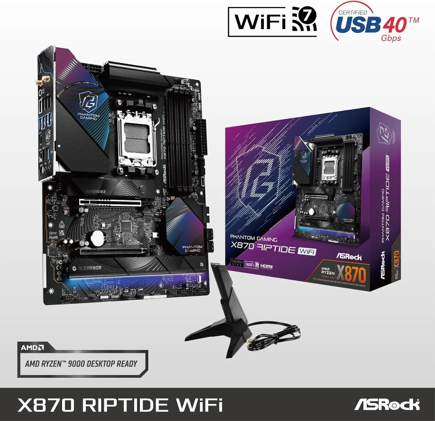 مادربرد ASRock X870 Riptide WiFi AM5 به همراه منبع تغذیه PG 1000G ATX3.1: سازگار با Ryzen 9000/8000/7000، PCIe 5.1، Wi-Fi 7، USB4، توان 1000 وات گلد