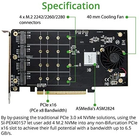 کنترلر رایزر Syba Quad M.2 NVMe به PCIe 3.0 x16 با پهنای باند x8 - پشتیبانی از مادربردهای بدون بایفورکیشن (SI-PEX40157) کنترلر رایزر Syba Quad M.2 NVMe به PCIe 3.0 x16 با پهنای باند x8 - پشتیبانی از مادربردهای بدون بایفورکیشن (SI-PEX40157)