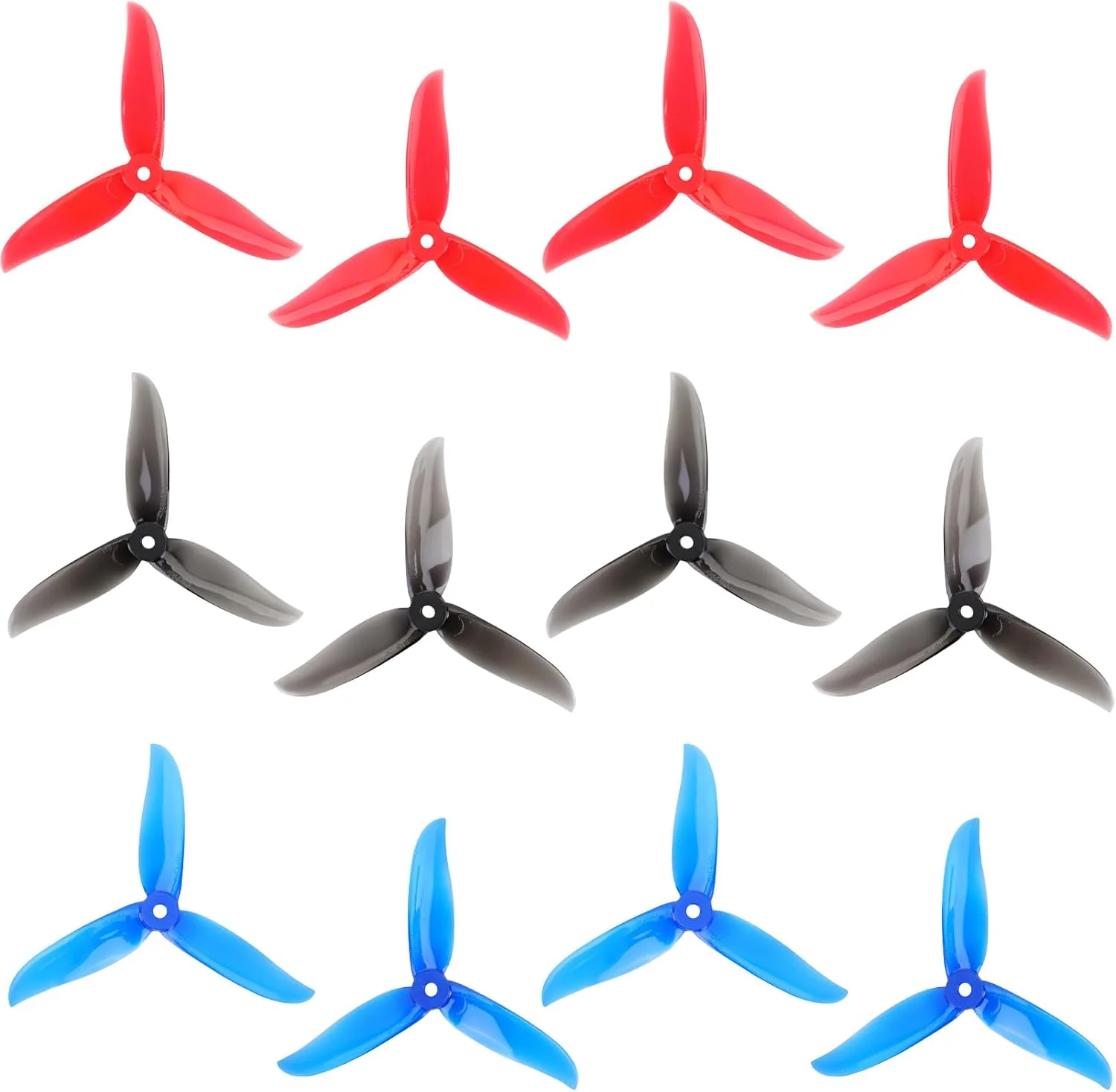 ۱۲ عدد پروانه سه تیغه 5045، پروانه های سه تیغه 5 اینچی برای موتورهای براشلس 2204 2205 2206-2306 مناسب کوادکوپترهای مسابقه ای FPV (قرمز شفاف، مشکی، آبی شفاف)