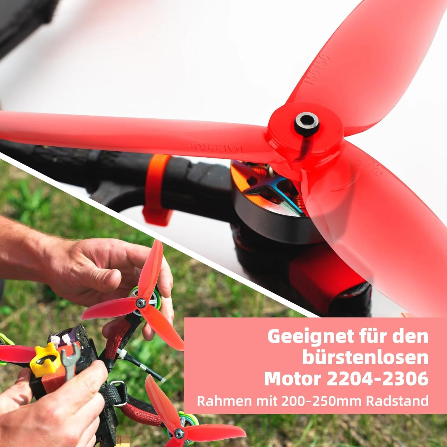 ۱۲ عدد پروانه سه تیغه 5045، پروانه های سه تیغه 5 اینچی برای موتورهای براشلس 2204 2205 2206-2306 مناسب کوادکوپترهای مسابقه ای FPV (قرمز شفاف، مشکی، آبی شفاف)