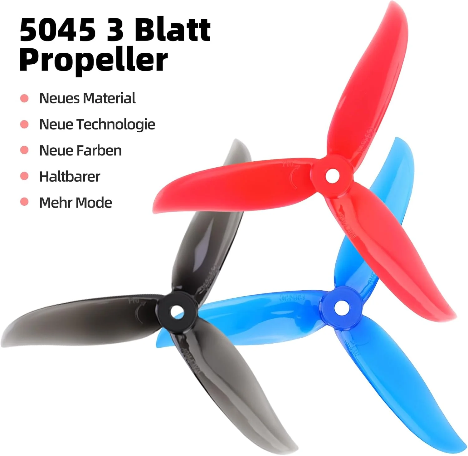 ۱۲ عدد پروانه سه تیغه 5045، پروانه های سه تیغه 5 اینچی برای موتورهای براشلس 2204 2205 2206-2306 مناسب کوادکوپترهای مسابقه ای FPV (قرمز شفاف، مشکی، آبی شفاف)
