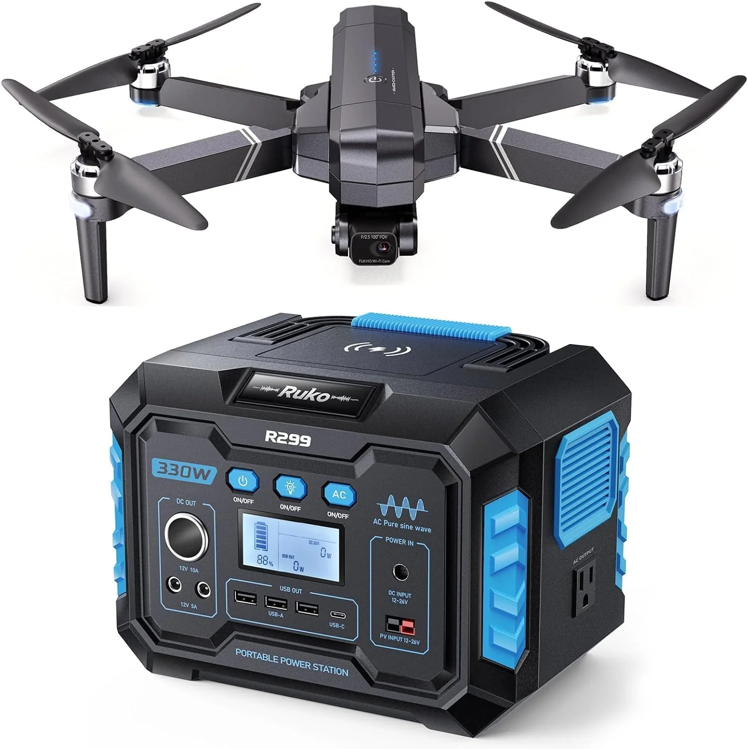 پهپادهای Ruko F11GIM2 با 2 باتری و ایستگاه برق قابل حمل R299 330W، پهپاد با دوربین 4K برای بزرگسالان، 64 دقیقه زمان پرواز، گیمبال و EIS دوربین 4K، انتقال ویدیوی دیجیتال 16404ft