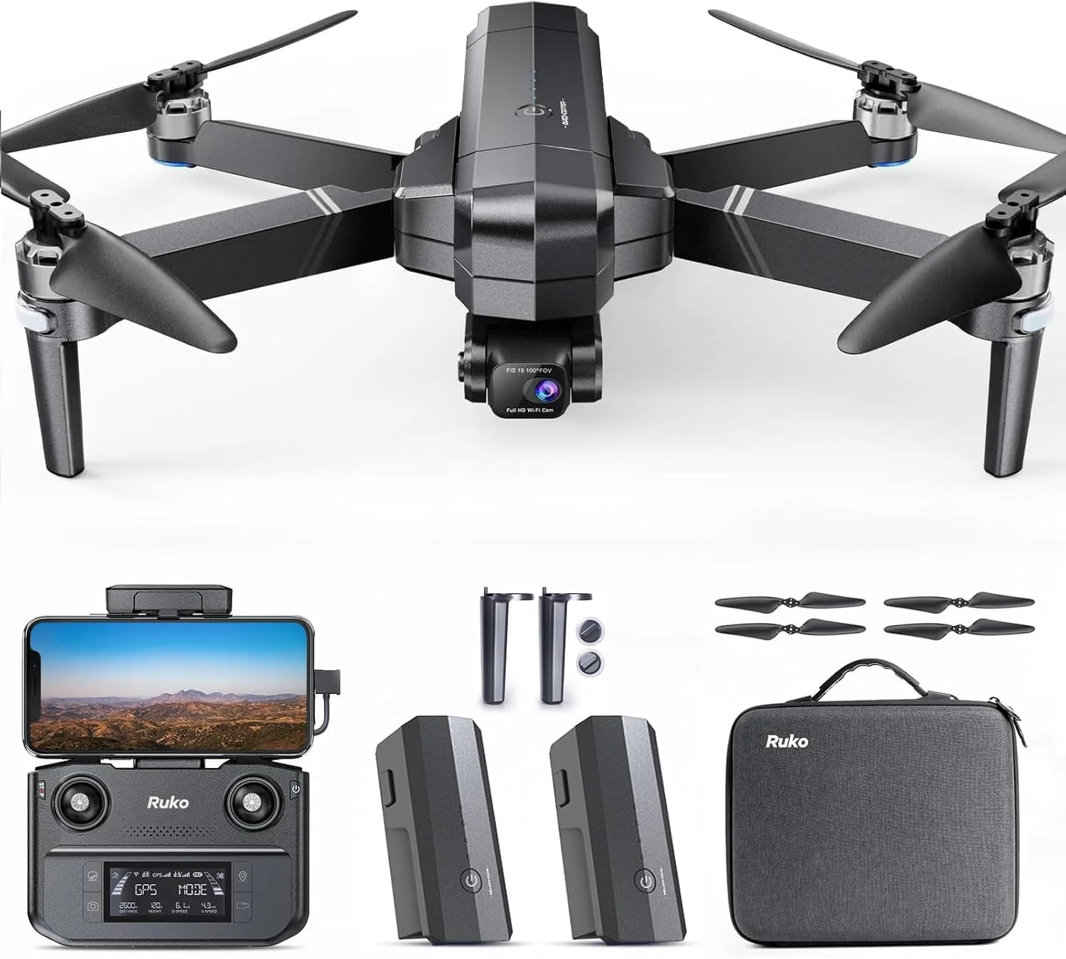 پهپاد Ruko F11GIM2 با دو باتری و دوربین 4K برای بزرگسالان به همراه پایه فرود، 64 دقیقه زمان پرواز، انتقال ویدیویی دیجیتال 5 کیلومتر