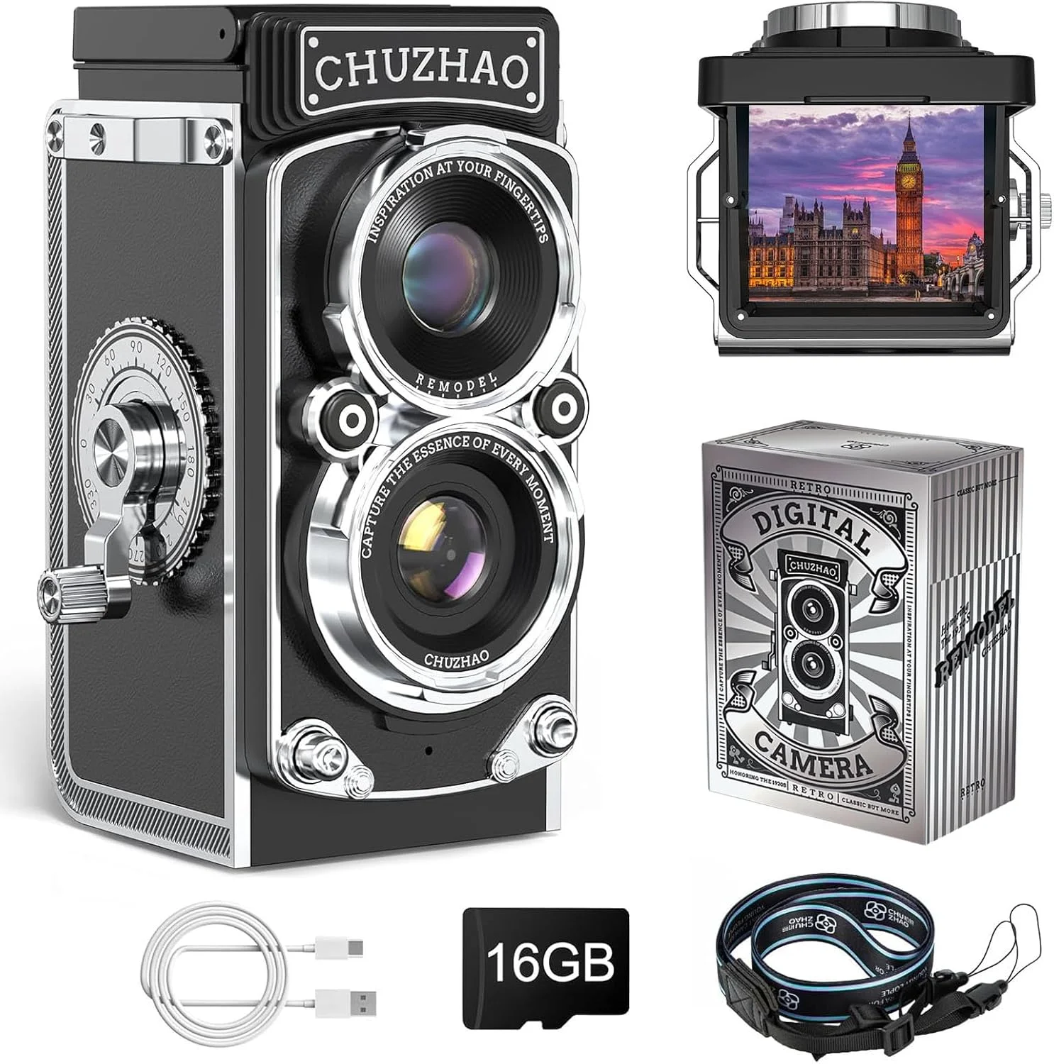 دوربین دیجیتال رترو CHUZHAO، دوربین مینی TLR وینتیج با منظره یاب در سطح کمر، فیلمبرداری 1080P FHD، دوربین های وبلاگ نویسی فوکوس خودکار 12 مگاپیکسلی با فیلتر سیاه و سفید و کارت 16 گیگابایتی برای مبتدیان، بزرگسالان، نوجوانان و کودکان