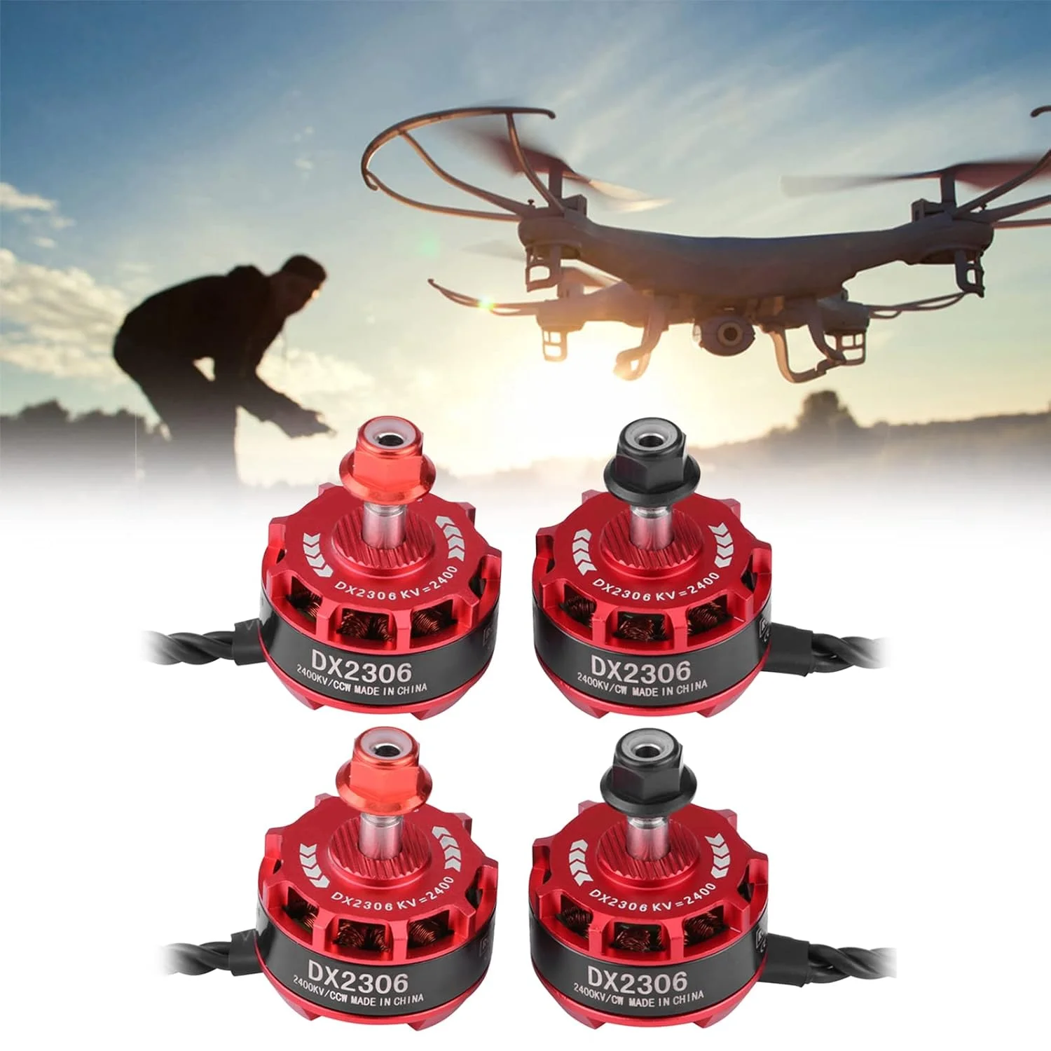 موتور براشلس 2400KV مدل DX2306، ست 4 عددی موتورهای پهپاد RC، آلومینیوم CNC با شفت استیل ضد زنگ برای پهپادهای FPV مدل X210 X220 250، موتور براشلس با عملکرد 2 تا 4 سل