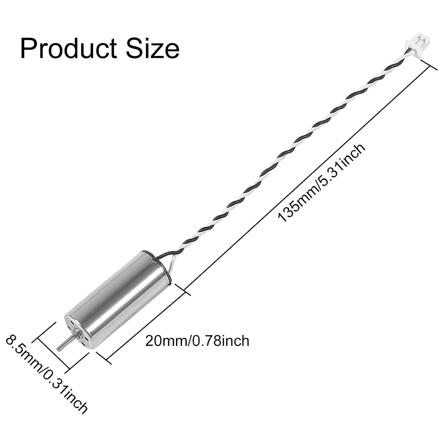 موتور براشلس کورلس 8520، ابعاد 8.5x20 میلی‌متر، سیم‌های سیاه و سفید با ترمینال JST-1.25، بسته 6 عددی
