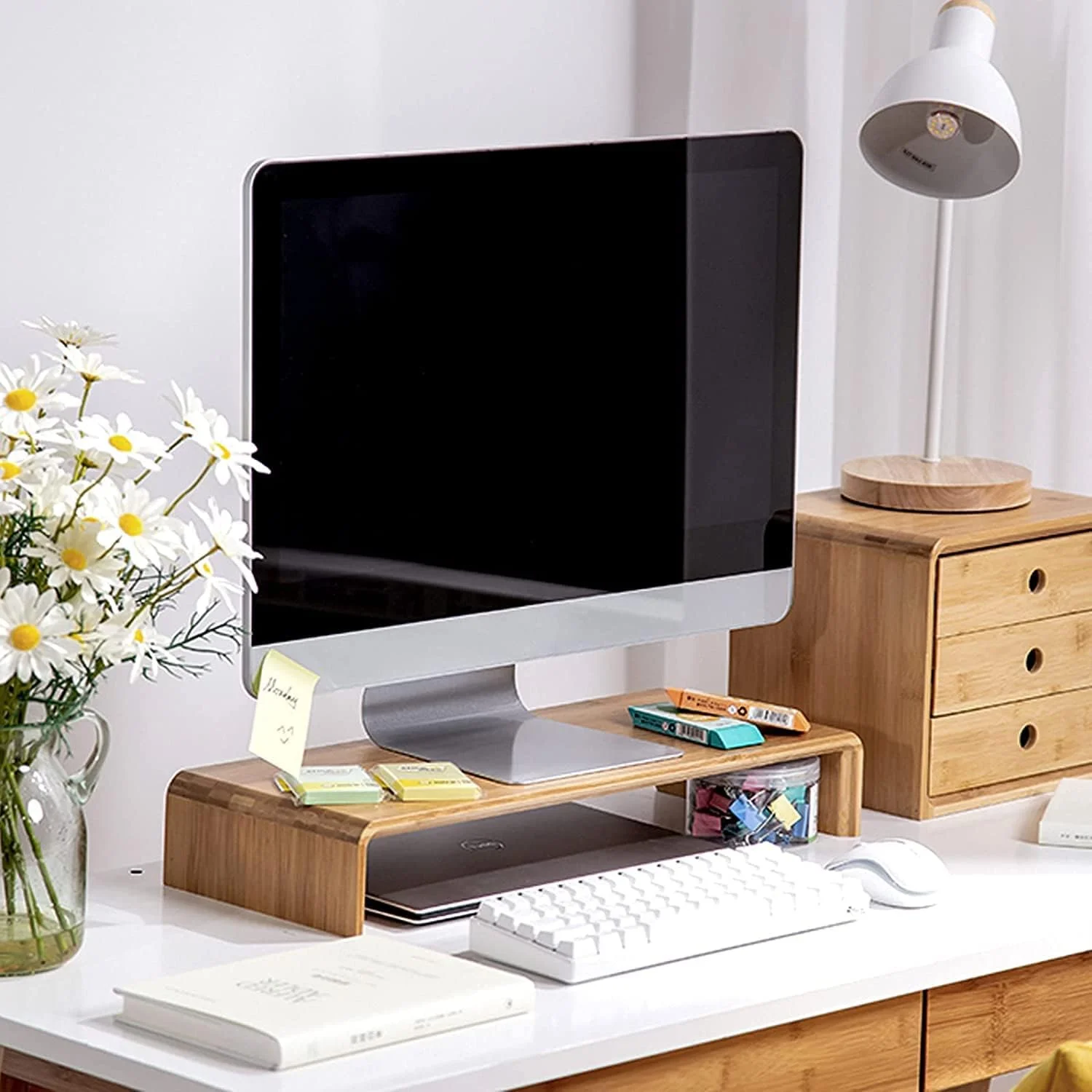 پایه مانیتور، ارتقا دهنده ارگونومیک ارتفاع، سازمان دهنده رومیزی چوبی بامبو، پایه مانیتور PC/لپ تاپ/تلویزیون/پرینتر برای استفاده در دفتر کار خانگی، بدون نیاز به مونتاژ