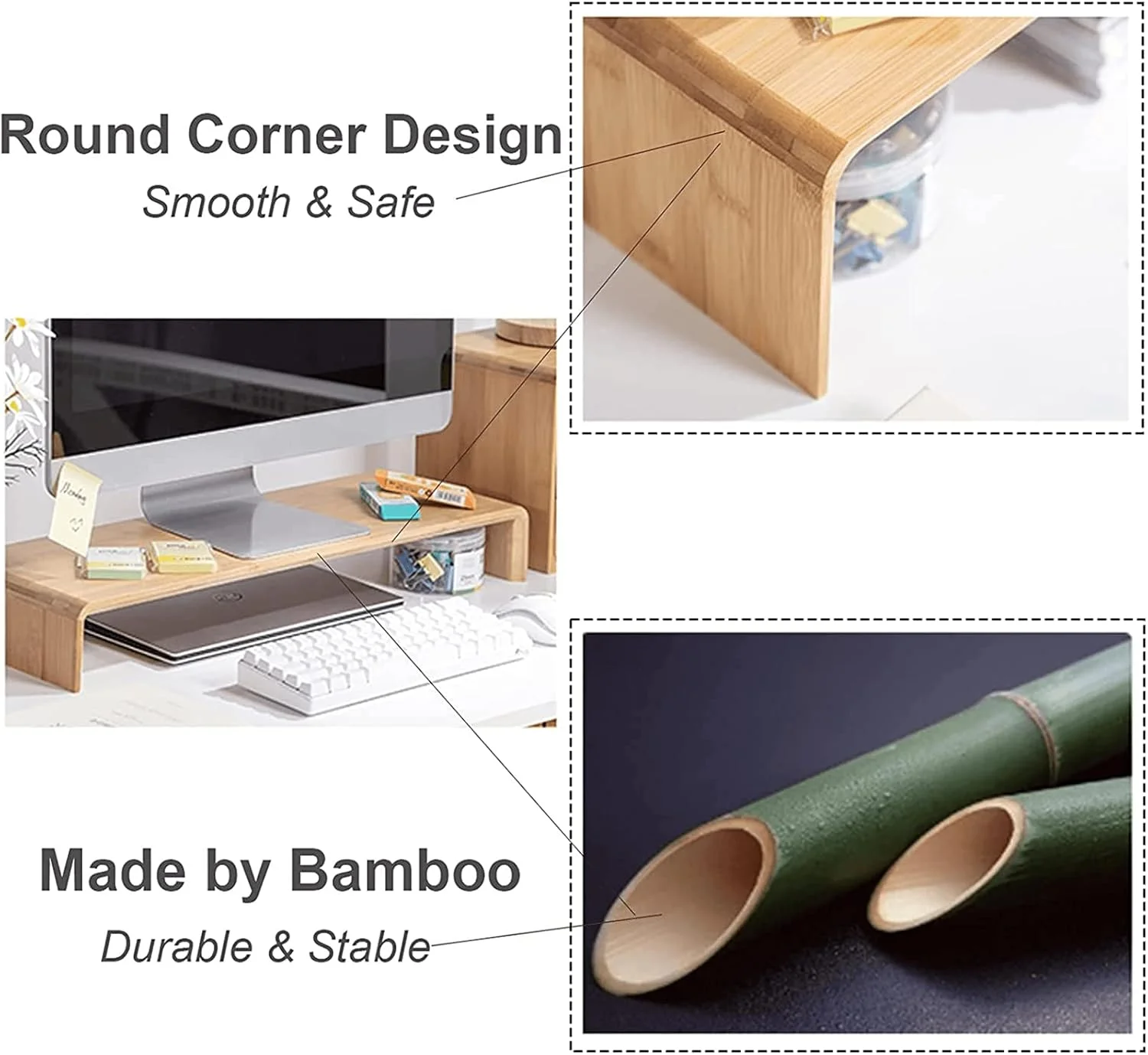 پایه مانیتور، ارتقا دهنده ارگونومیک ارتفاع، سازمان دهنده رومیزی چوبی بامبو، پایه مانیتور PC/لپ تاپ/تلویزیون/پرینتر برای استفاده در دفتر کار خانگی، بدون نیاز به مونتاژ