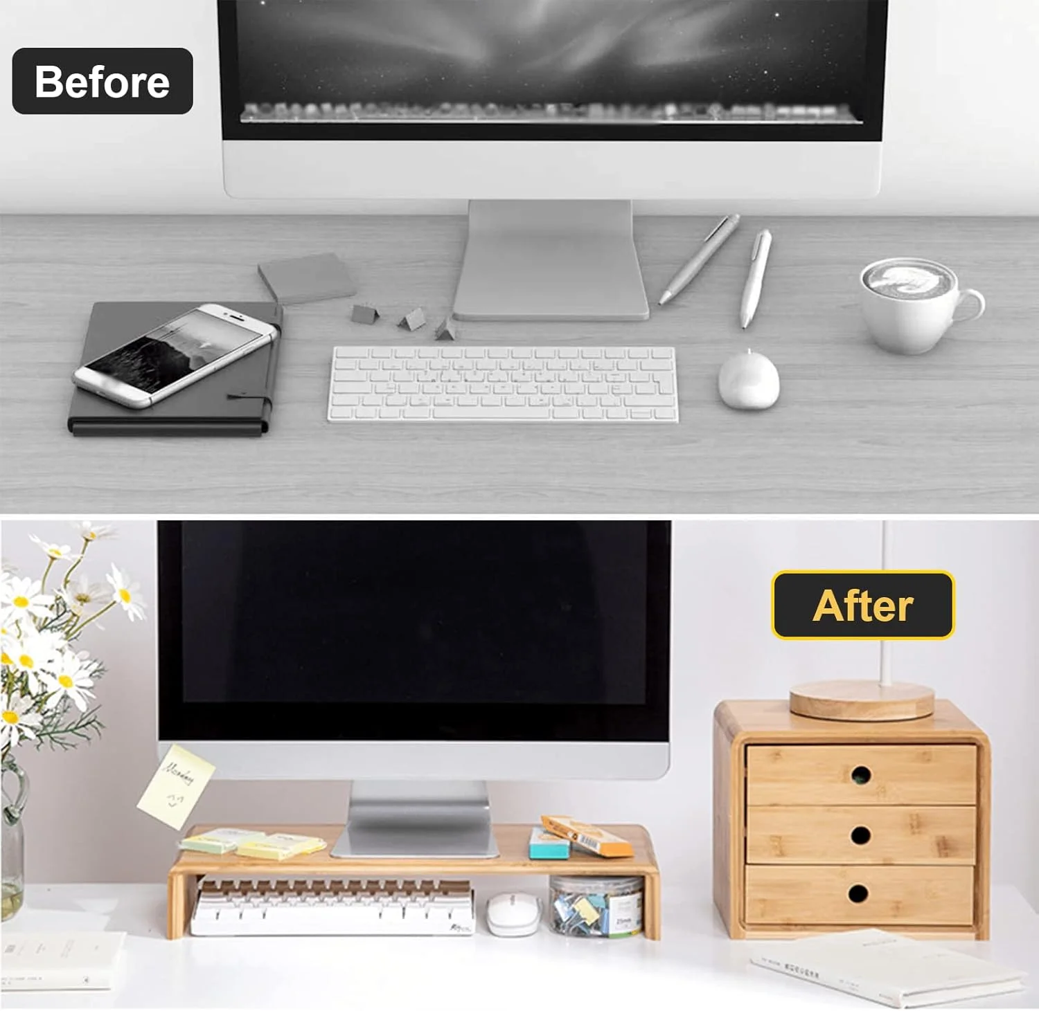 پایه مانیتور، ارتقا دهنده ارگونومیک ارتفاع، سازمان دهنده رومیزی چوبی بامبو، پایه مانیتور PC/لپ تاپ/تلویزیون/پرینتر برای استفاده در دفتر کار خانگی، بدون نیاز به مونتاژ