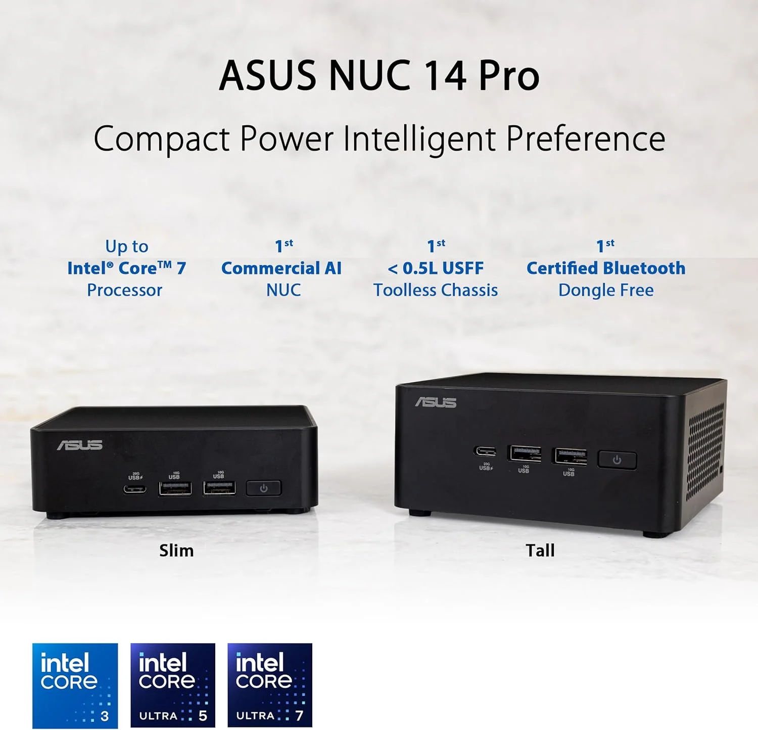 ASUS NUC 14 Pro Slim Barebone با پردازنده نسل چهاردهم Intel Core Ultra 5 125H (پشتیبانی از NPU)، تا 96 گیگابایت رم DDR5، طراحی دوگانه ذخیره سازی، Thunderbolt™ 4، Wi-Fi 6E و Bluetooth 5.3، به همراه پایه VESA