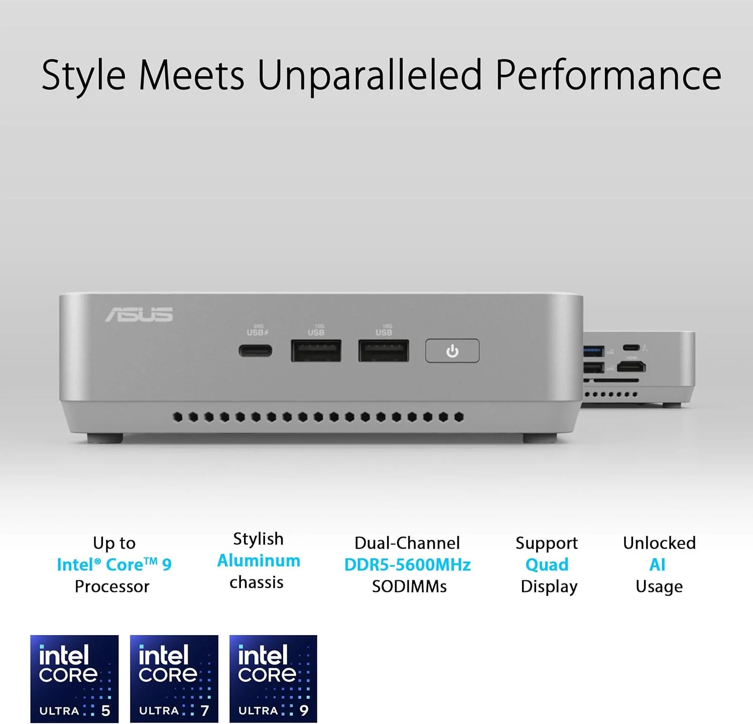 ASUS NUC 14 Pro+ Barebone با پردازنده نسل ۱۴ اینتل Core Ultra 5 125H (پشتیبانی از NPU)، تا ۹۶ گیگابایت رم DDR5، فضای ذخیره سازی دوگانه، Thunderbolt 4، Wi-Fi 6E و بلوتوث 5.3، شاسی آلومینیومی نقره ای، به همراه پایه VESA