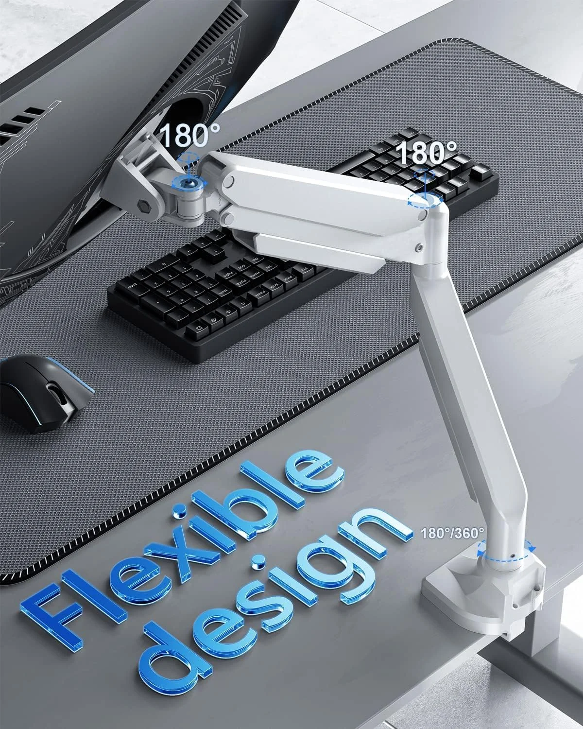 بازوی مانیتور سنگین HEYMIX LIFE - پایه مانیتور 15 کیلوگرمی برای صفحه نمایش های فوق عریض تا 49 اینچ، بازوی مانیتور تکی سفید با فنر گازی، بازوی مانیتور تکی خمیده برای بازی صفحه نمایش 34/49 اینچی