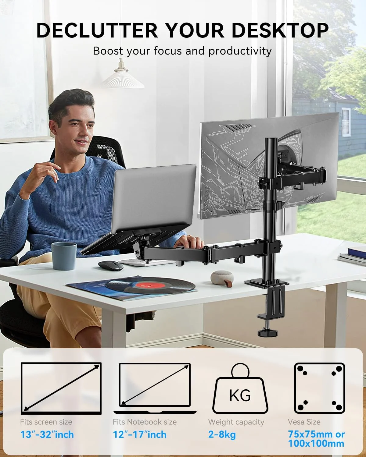 بازوی نگهدارنده دو مانیتور با سینی لپ‌تاپ - بازوی دوگانه Vesa، پایه مانیتور با نگهدارنده لپ‌تاپ، پایه دو صفحه نمایش برای 13-32 اینچ، 2 پایه Vesa تا 8 کیلوگرم برای بازی و اداره