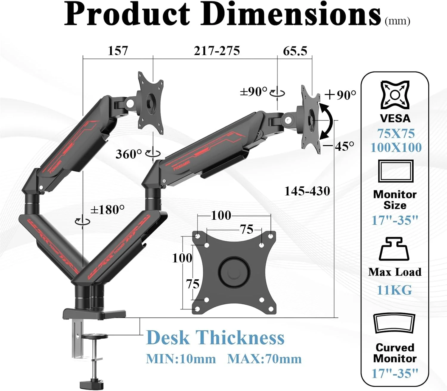 بازوی نگهدارنده دو مانیتوره Fydeamer برای مانیتورهای 17-35 اینچ تا 11 کیلوگرم، پایه مانیتور فنری گازی قابل تنظیم، پایه مانیتور کامپیوتر با حرکت کامل، بازوی نمایشگر LED/LCD با الگوی VESA 75x75/100x100، دو بازویی مشکی