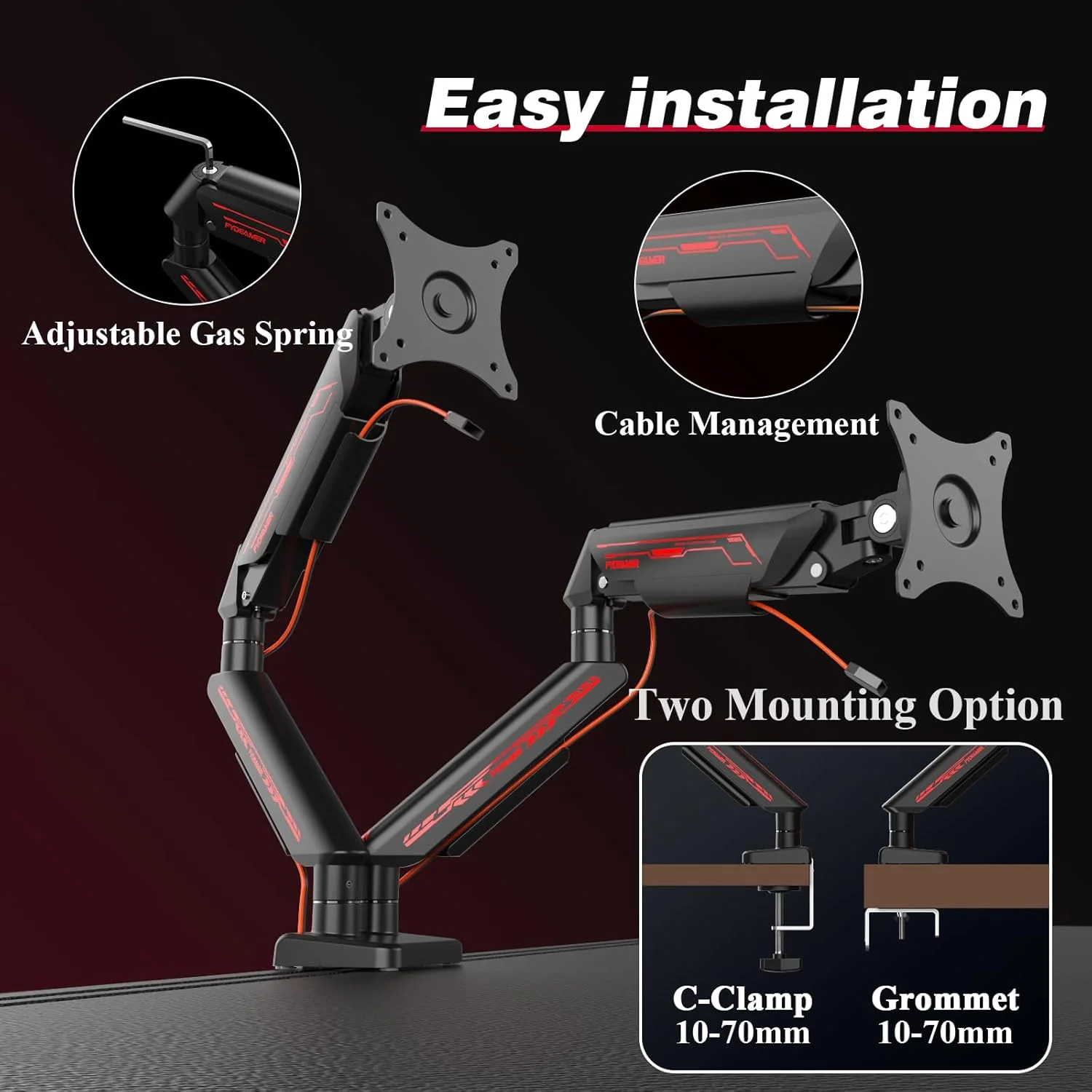 بازوی نگهدارنده دو مانیتوره Fydeamer برای مانیتورهای 17-35 اینچ تا 11 کیلوگرم، پایه مانیتور فنری گازی قابل تنظیم، پایه مانیتور کامپیوتر با حرکت کامل، بازوی نمایشگر LED/LCD با الگوی VESA 75x75/100x100، دو بازویی مشکی