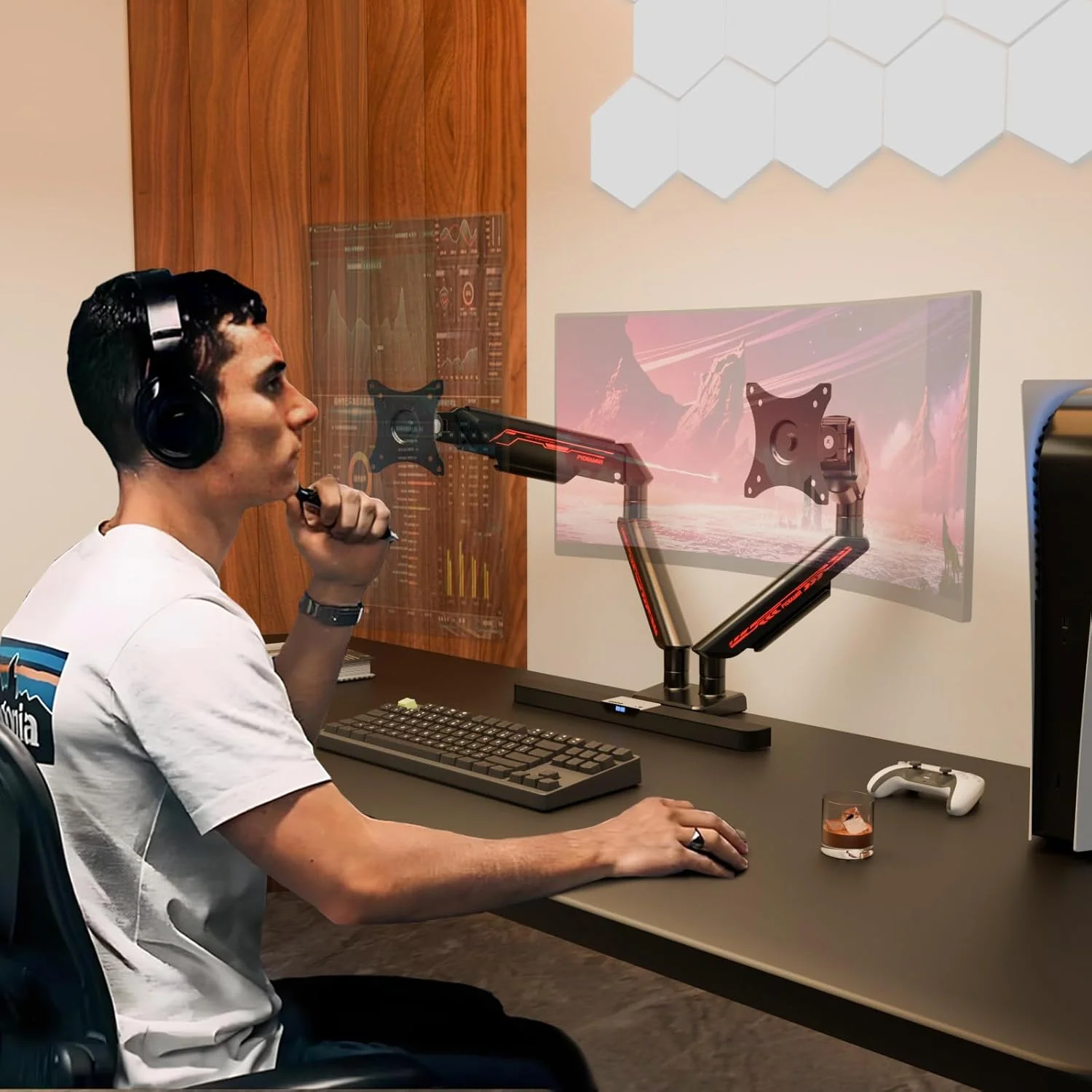 بازوی نگهدارنده دو مانیتوره Fydeamer برای مانیتورهای 17-35 اینچ تا 11 کیلوگرم، پایه مانیتور فنری گازی قابل تنظیم، پایه مانیتور کامپیوتر با حرکت کامل، بازوی نمایشگر LED/LCD با الگوی VESA 75x75/100x100، دو بازویی مشکی